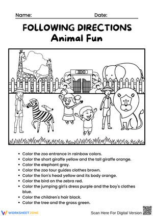 Following Directions – Animal Fun Worksheet