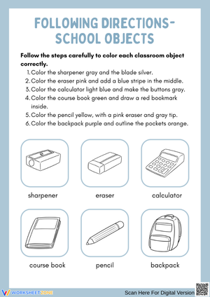Following Directions – School Objects Worksheet