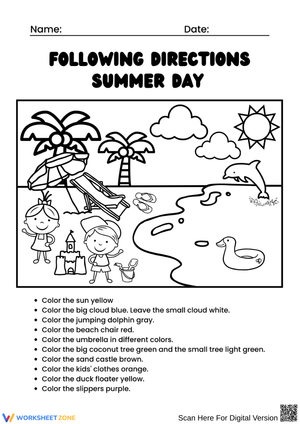 Following Directions – Summer Day Worksheet
