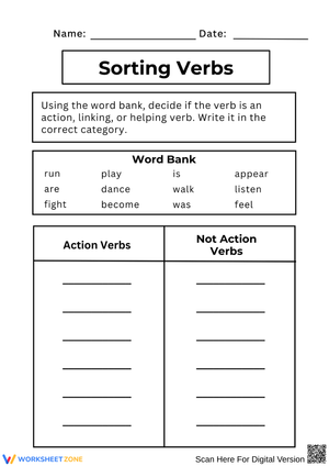 Sorting Verbs – Action vs. Not Action Worksheet