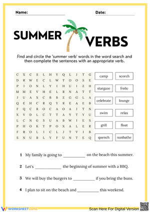 Summer Verbs – Word Search and Sentence Completion