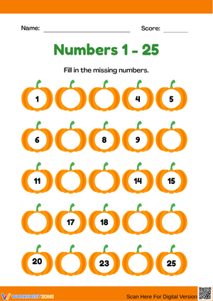 Counting 1–25 Pumpkin Numbers Worksheet