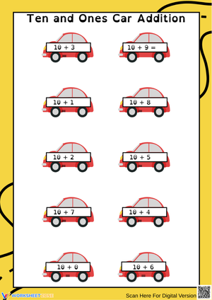 Ten and Ones Car Addition Worksheet for Kids