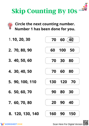 Skip Counting by 10s Worksheet – Circle the Next Number