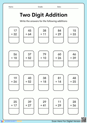 Two-Digit Addition Practice Worksheet for Kids
