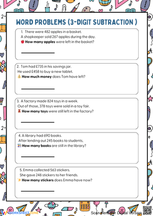 3-Digit Subtraction Word Problems Worksheet