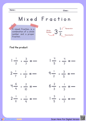 Mixed Fractions – Multiply and Simplify Worksheet