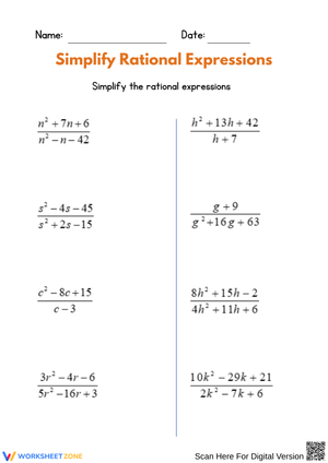 Simplifying Rational Expressions Worksheet