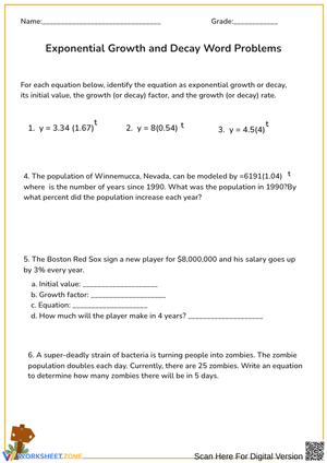 Exponential Growth and Decay Word Problems Worksheet