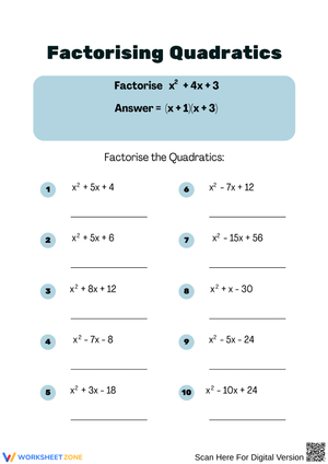 Factoring Quadratics Worksheet