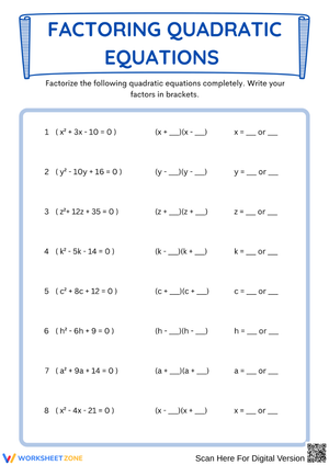 Factoring Quadratic Equations Worksheet