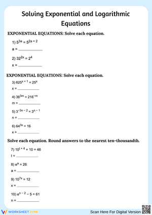 Exponential and Logarithmic Equations Worksheet – Algebra Practice