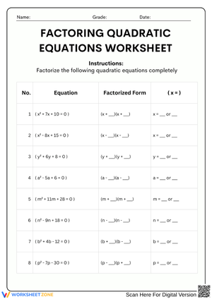 Factoring Quadratic Equations Worksheet