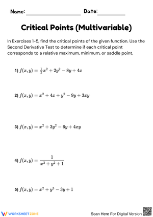 Critical Points (Multivariable) Worksheet