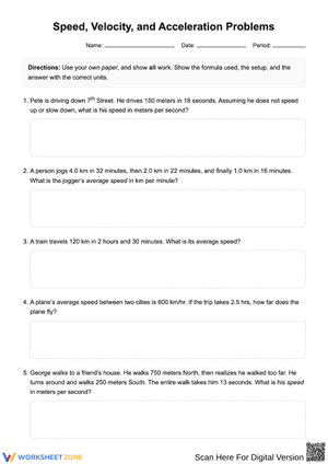 Speed, Velocity, and Acceleration Problems Worksheet