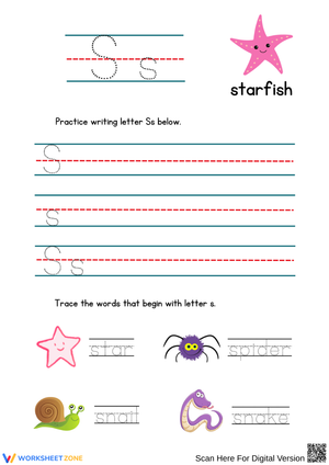 S is for Starfish – Letter S Writing and Word Tracing