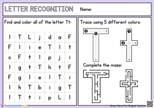 Letter T Recognition Worksheet – Find, Trace, and Maze Fun