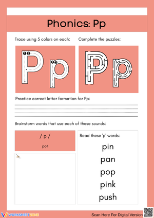 Letter P Phonics Worksheet – Sound, Trace, and Word Practice