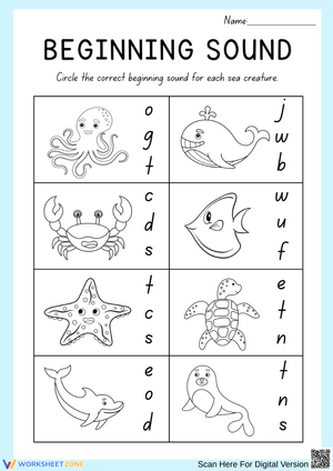 Beginning Sound Worksheet – Sea Creatures Phonics Activity