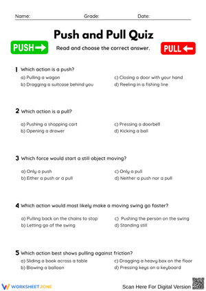 Push and Pull Quiz Worksheet – Force and Motion Review