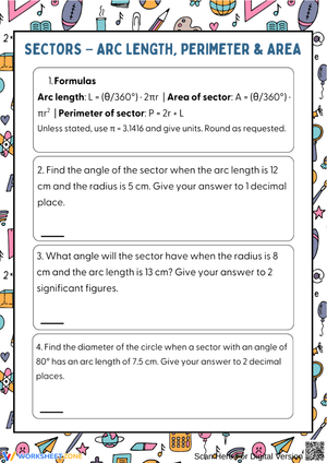 Sectors Worksheet: Arc Length, Perimeter & Area Practice