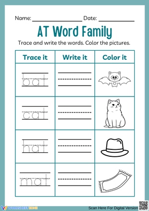 AT Word Family – Trace, Write, and Color Worksheet