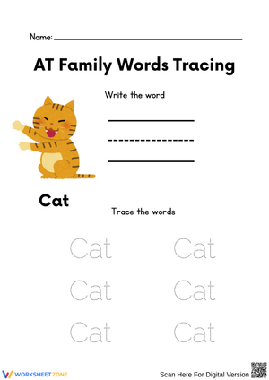 Cat Word Tracing Worksheet for AT Family Words