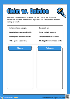 Claim vs. Opinion Worksheet – Critical Thinking Sort