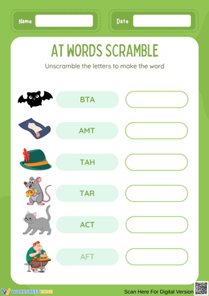 AT Word Family Scramble Worksheet 