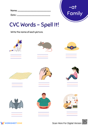 AT Word Family CVC Spelling Worksheet – Spell the Picture Words