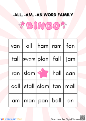 Super Star Word Family Bingo! (-all, -am, -an)