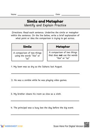 Simile and Metaphor – Identify & Explain Worksheet