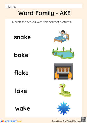 Word Family AKE Matching Worksheet