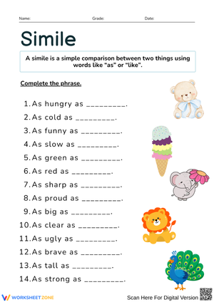 Simile Worksheet – Complete the Comparison Phrases