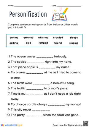 Personification Fill-in-the-Blank Worksheet