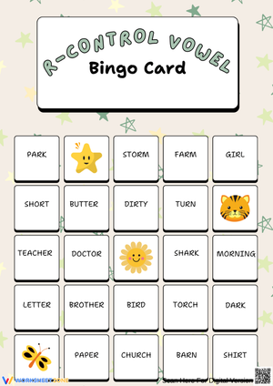 R-Controlled Vowel Bingo Card Worksheet