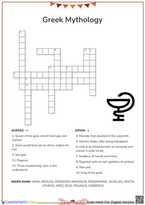 Greek Mythology Crossword Worksheet for Kids
