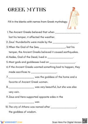 Greek Myths Fill-in-the-Blank Worksheet
