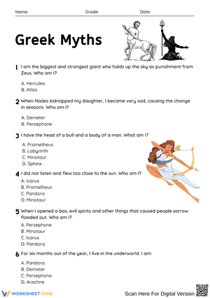 Greek Myths Multiple-Choice Worksheet