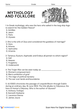 Mythology & Folklore Quiz Worksheet