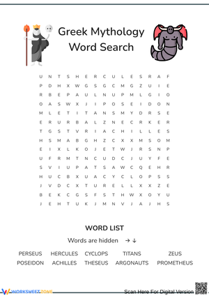 Greek Mythology Word Search Worksheet
