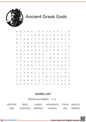 Ancient Greek Gods Word Search Worksheet