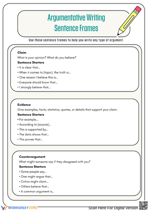 Argumentative Writing Sentence Frames Worksheet