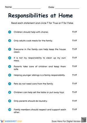 Responsibilities at Home – True or False