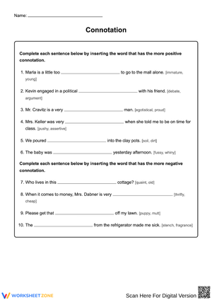 Connotation Practice Worksheet: Positive and Negative Words