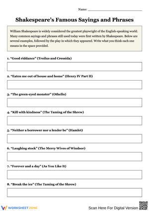 Shakespeare’s Famous Sayings and Phrases Worksheet