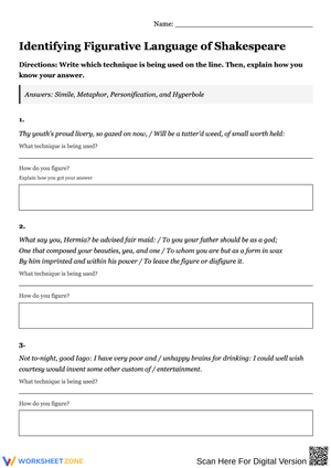 Identifying Figurative Language of Shakespeare Worksheet
