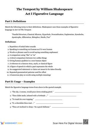 Figurative Language in The Tempest Act I Worksheet