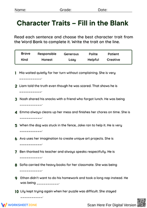 Character Traits Fill-in-the-Blank Worksheet