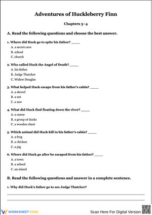 Adventures of Huckleberry Finn Chapters 3–4 Worksheet